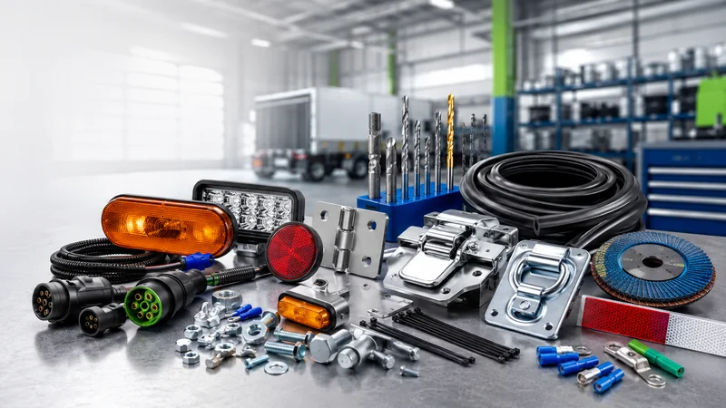 Truck-body lights, connectors, hinges, latches, seals, fasteners and abrasives in a workshop